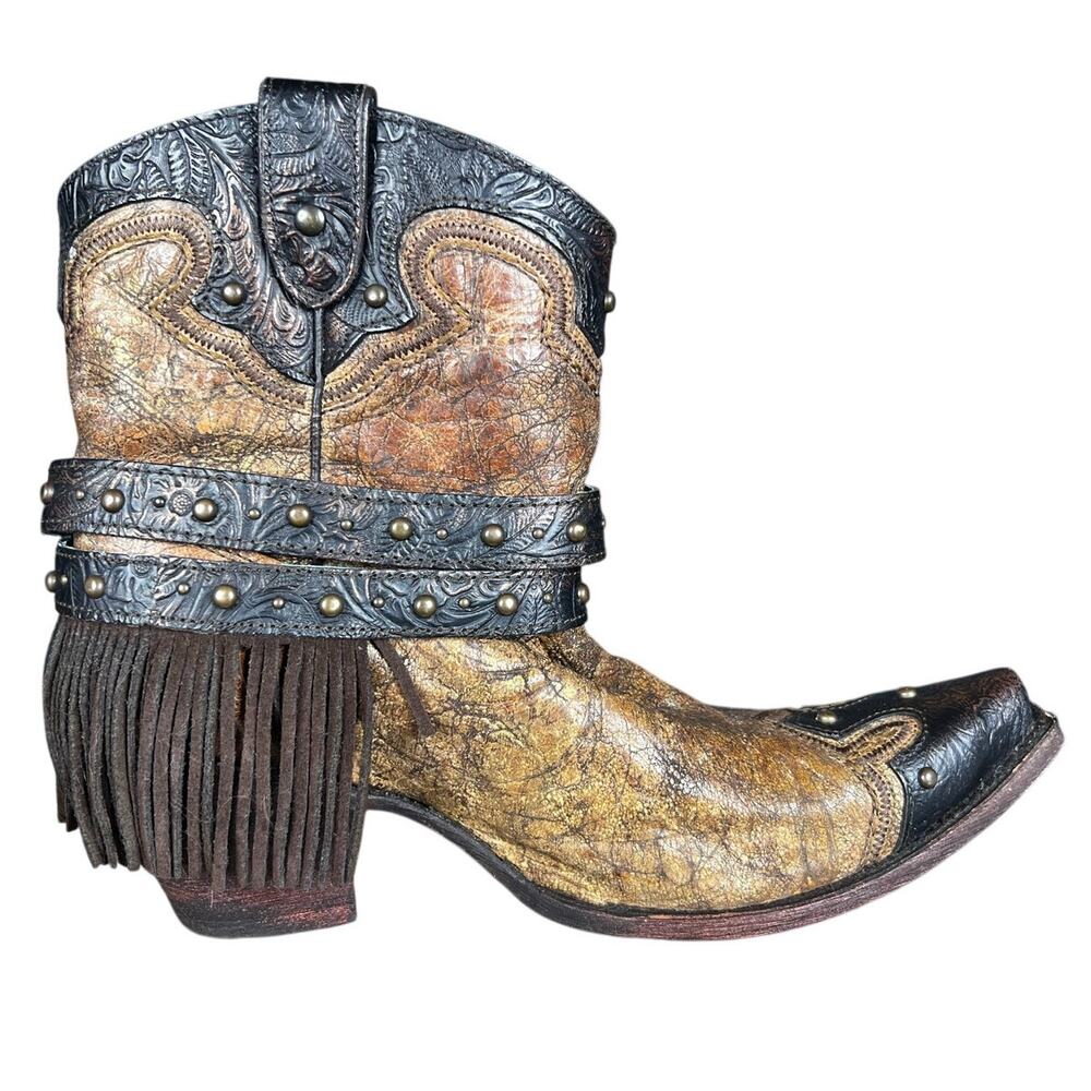 Corral Vintage Women’s Cognac Strap Fringe Studs Western Ankle Boot Size US 10